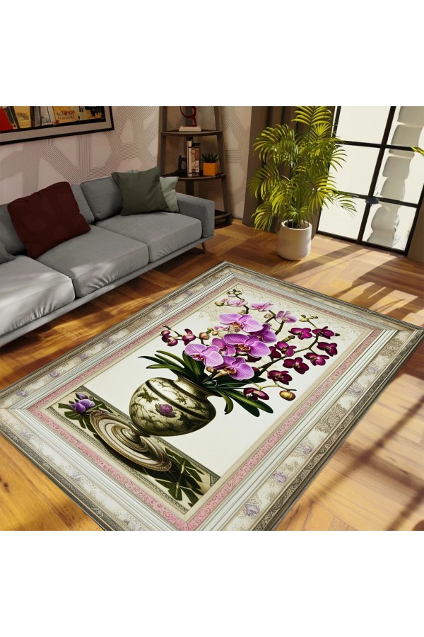 Mor Orkide Desenli Dokuma Şönil Kilim Halı Yıkanabilir Salon Oturma Odası Mutfak Halısı