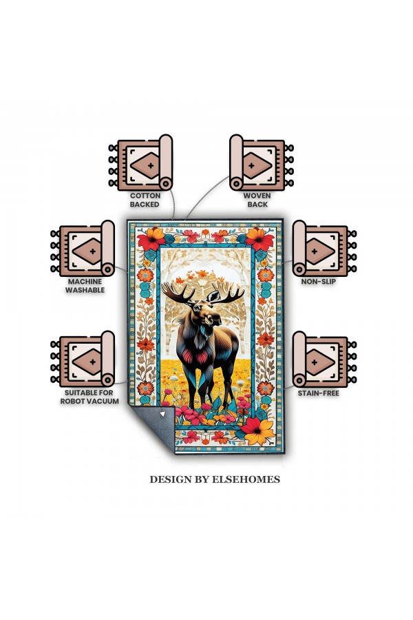 Retro Geyik Desenli Dokuma Şönil Kilim Halı Yıkanabilir Salon Oturma Odası Mutfak Halısı