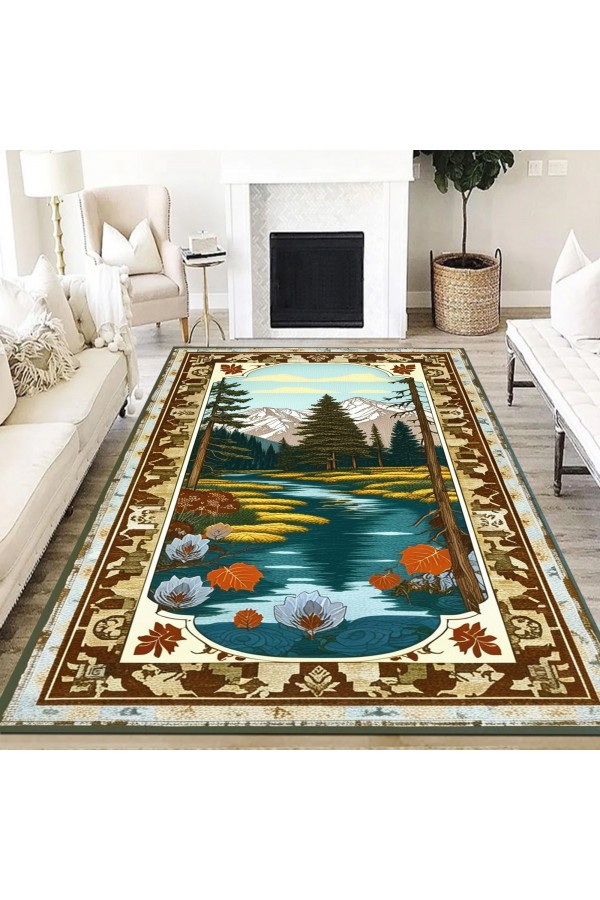 Manzara Ağaç Desenli Dokuma Şönil Kilim Halı Yıkanabilir Salon Oturma Odası Mutfak Halısı