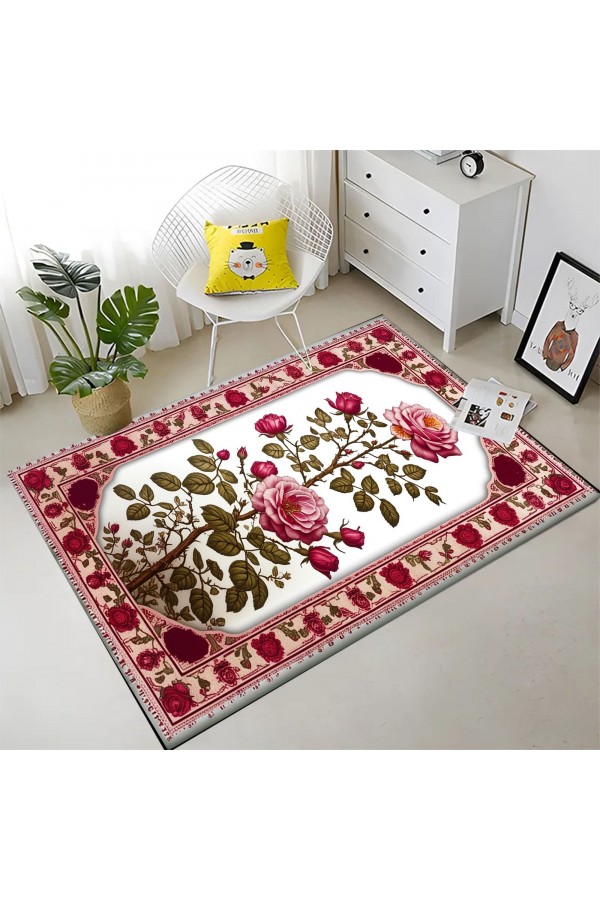 Pembe Gül Çiçek Desenli Dokuma Şönil Kilim Halı Yıkanabilir Salon Oturma Odası Mutfak Halısı