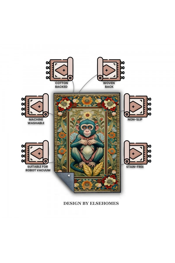 Sevimli Maymun Desenli Dokuma Şönil Kilim Halı Yıkanabilir Salon Oturma Odası Mutfak Halısı