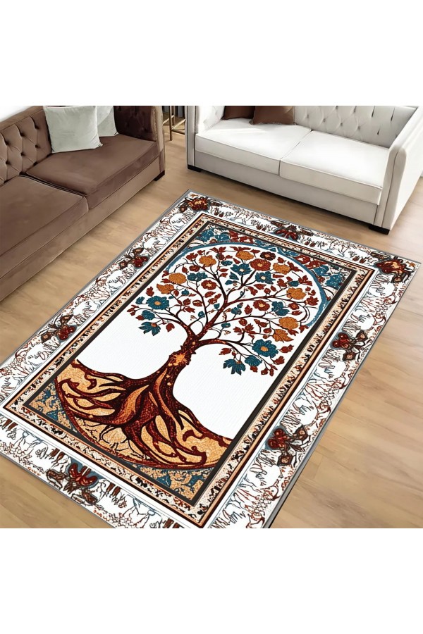 Retro Yaşam Ağacı Desenli Dokuma Şönil Kilim Halı Yıkanabilir Salon Oturma Odası Mutfak Halısı