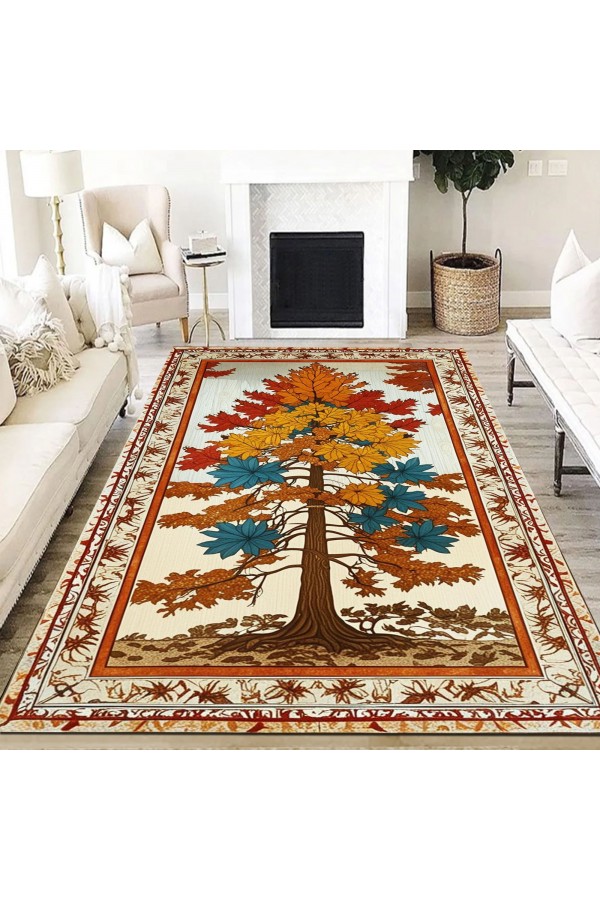 Sonbahar Ağaç Desenli Dokuma Şönil Kilim Halı Yıkanabilir Salon Oturma Odası Mutfak Halısı Sonbahar Ağaç Desenli Dokuma Şönil Kilim Halı Yıkanabilir Salon Oturma Odası Mutfak Halısı