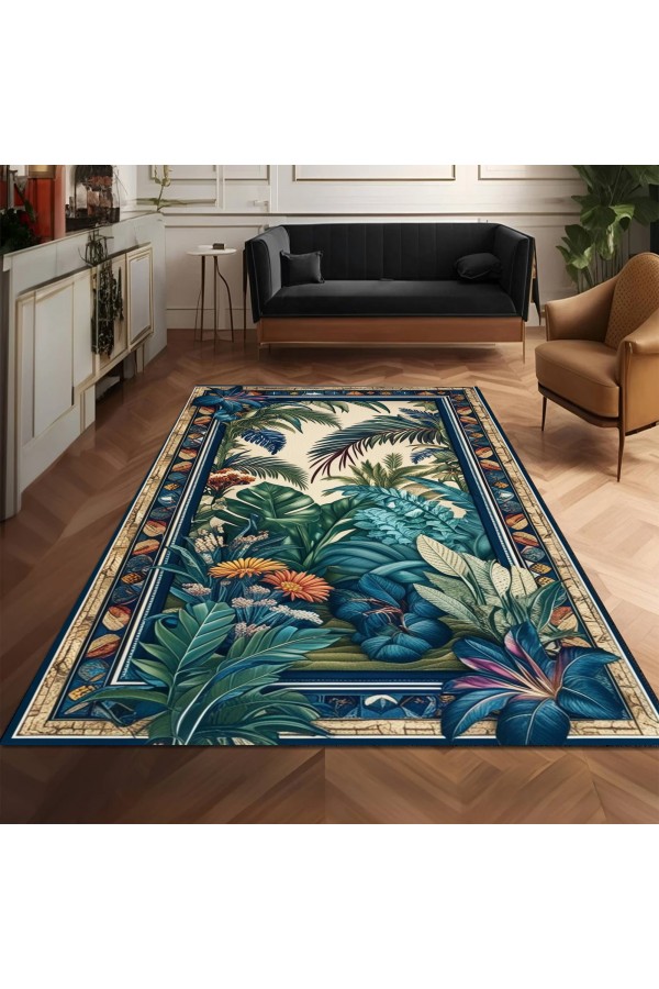 Tropikal Orman Desenli Dokuma Şönil Kilim Halı Yıkanabilir Salon Oturma Odası Mutfak Halısı