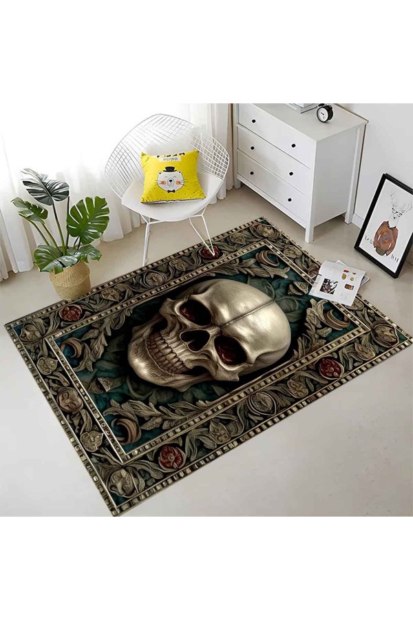Gotik Kuru Kafa Desenli Dokuma Şönil Kilim Halı Yıkanabilir Salon Oturma Odası Mutfak Halısı