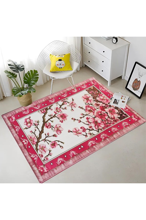 Pembe Sakura Ağaç Çiçek Desenli Dokuma Şönil Kilim Halı Yıkanabilir Salon Oturma Odası Mutfak Halısı