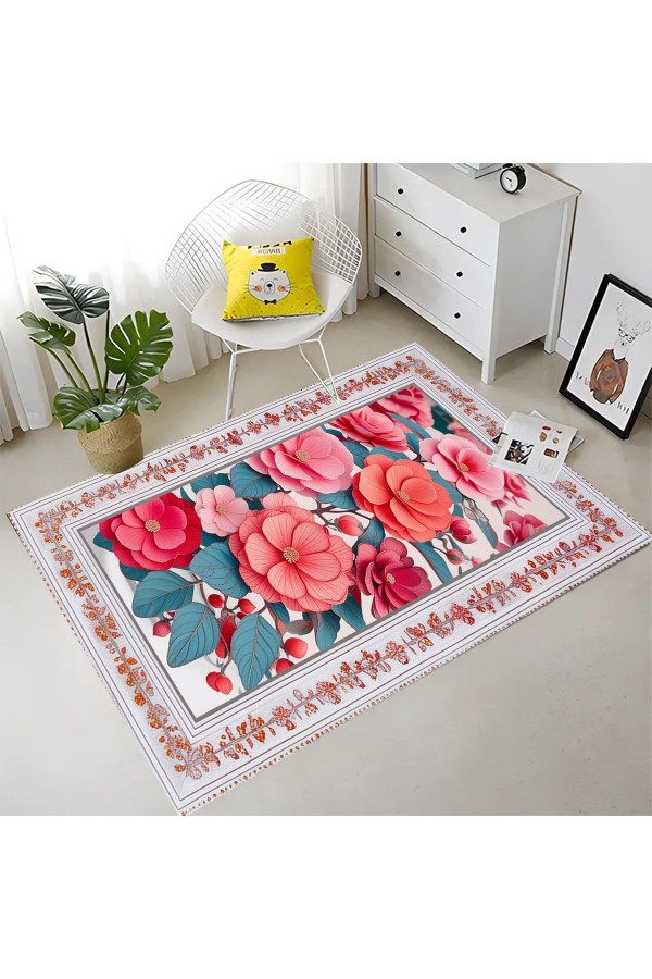 Renkli Çiçek Desenli Dokuma Şönil Kilim Halı Yıkanabilir Salon Oturma Odası Mutfak Halısı