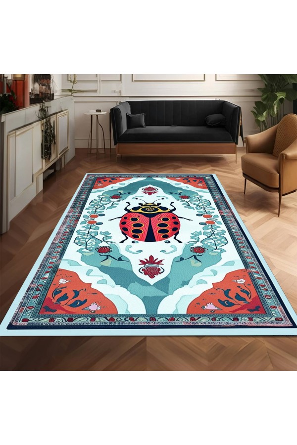 Uğur Böceği Desenli Dokuma Şönil Kilim Halı Yıkanabilir Salon Oturma Odası Mutfak Halısı
