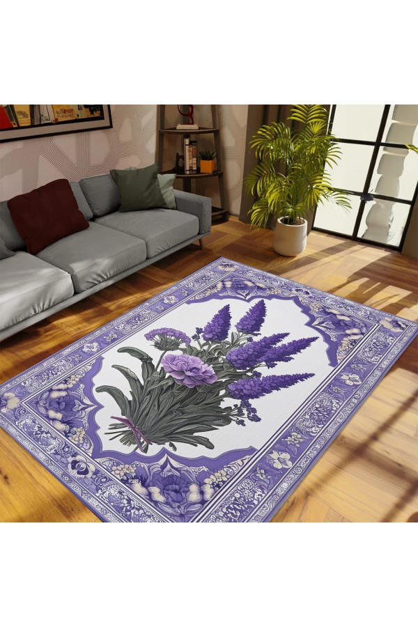 Mor Lavanta Desenli Dokuma Şönil Kilim Halı Yıkanabilir Salon Oturma Odası Mutfak Halısı