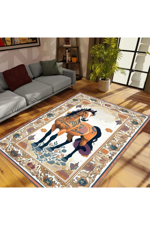 Sevimli At Desenli Dokuma Şönil Kilim Halı Yıkanabilir Salon Oturma Odası Mutfak Halısı