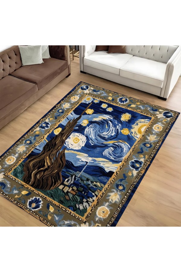 Van Gogh Yıldızlı Geceler Tablo Desenli Dokuma Şönil Kilim Halı Yıkanabilir Salon Oturma Odası Mutfak Halısı Van Gogh Yıldızlı Geceler Tablo Desenli Dokuma Şönil Kilim Halı Yıkanabilir Salon Oturma Odası Mutfak Halısı