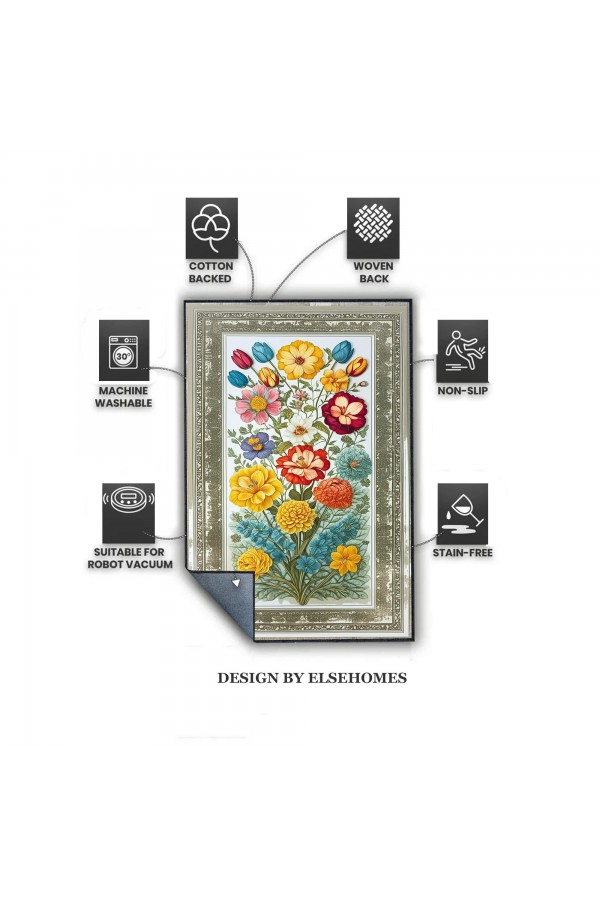 Renkli Çiçek Desenli Dokuma Şönil Kilim Halı Yıkanabilir Salon Oturma Odası Mutfak Halısı