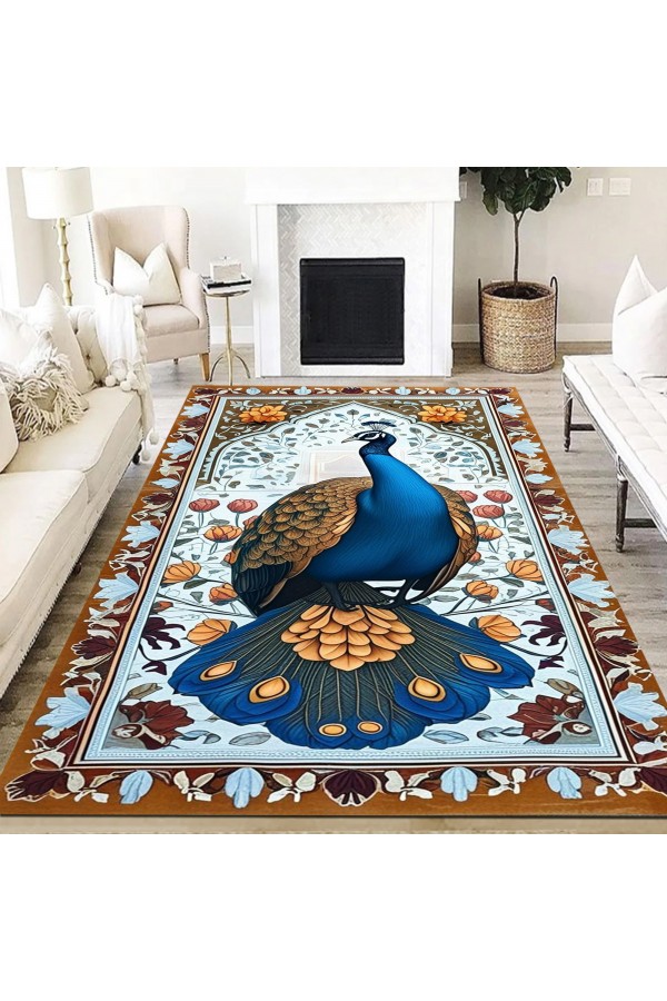 Tavus Kuşu Desenli Dokuma Şönil Kilim Halı Yıkanabilir Salon Oturma Odası Mutfak Halısı