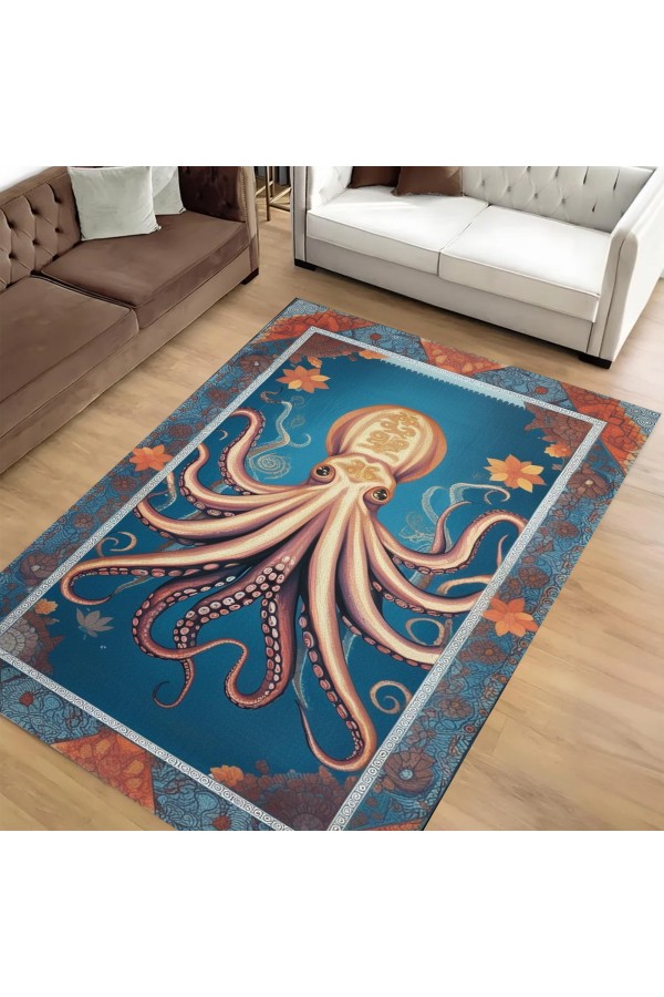 Ahtapot Marin Denizci Desenli Dokuma Şönil Kilim Halı Yıkanabilir Salon Oturma Odası Mutfak Halısı