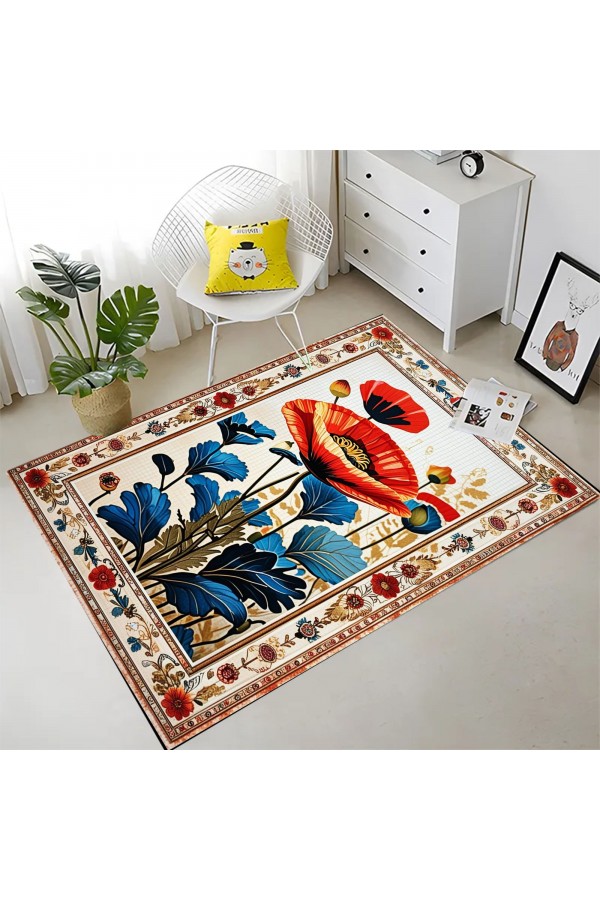 Gelincik Desenli Dokuma Şönil Kilim Halı Yıkanabilir Salon Oturma Odası Mutfak Halısı