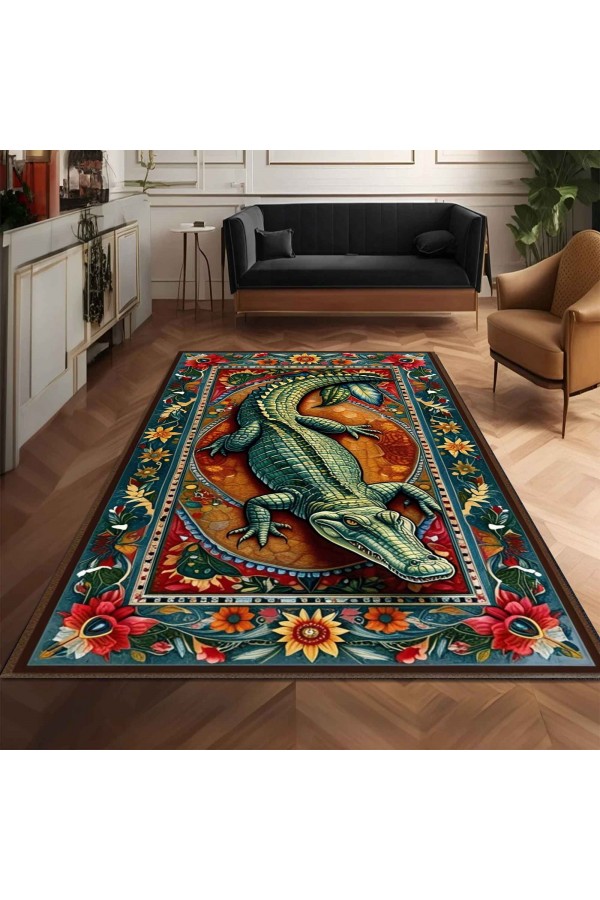 Timsah Desenli Dokuma Şönil Kilim Halı Yıkanabilir Salon Oturma Odası Mutfak Halısı