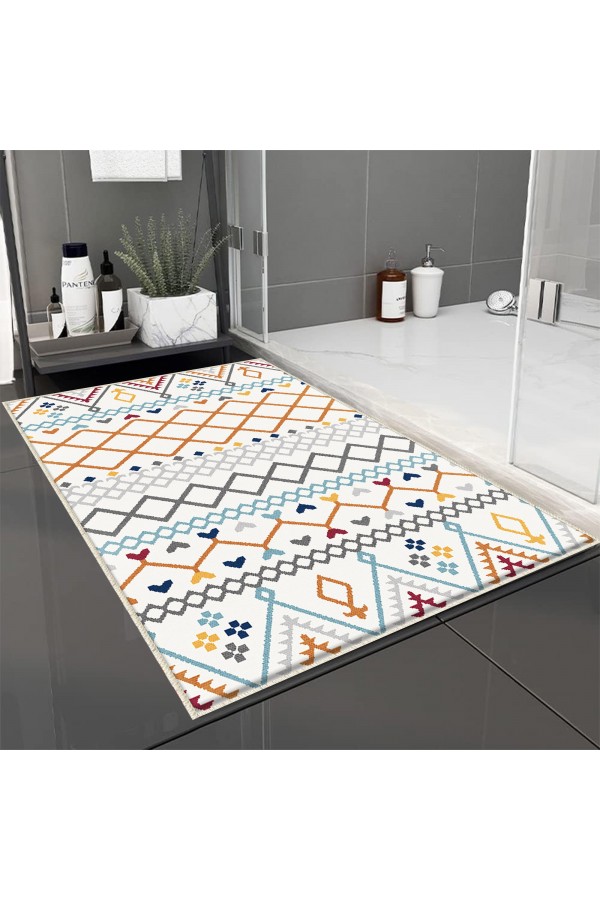 Renkli Çizgi Desenli Tekli Banyo Paspas Halısı Kaymaz Yıkanabilir