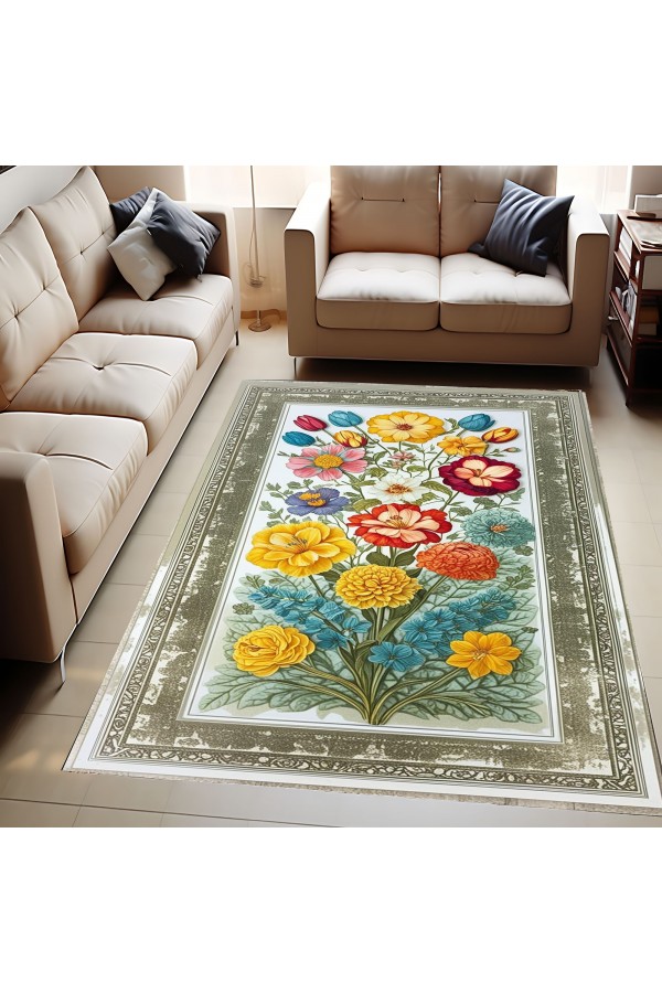 Renkli Çiçek Desenli Dokuma Şönil Kilim Halı Yıkanabilir Salon Oturma Odası Mutfak Halısı