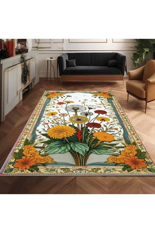 Karahindiba Çiçek Desenli Dokuma Şönil Kilim Halı Yıkanabilir Salon Oturma Odası Mutfak Halısı