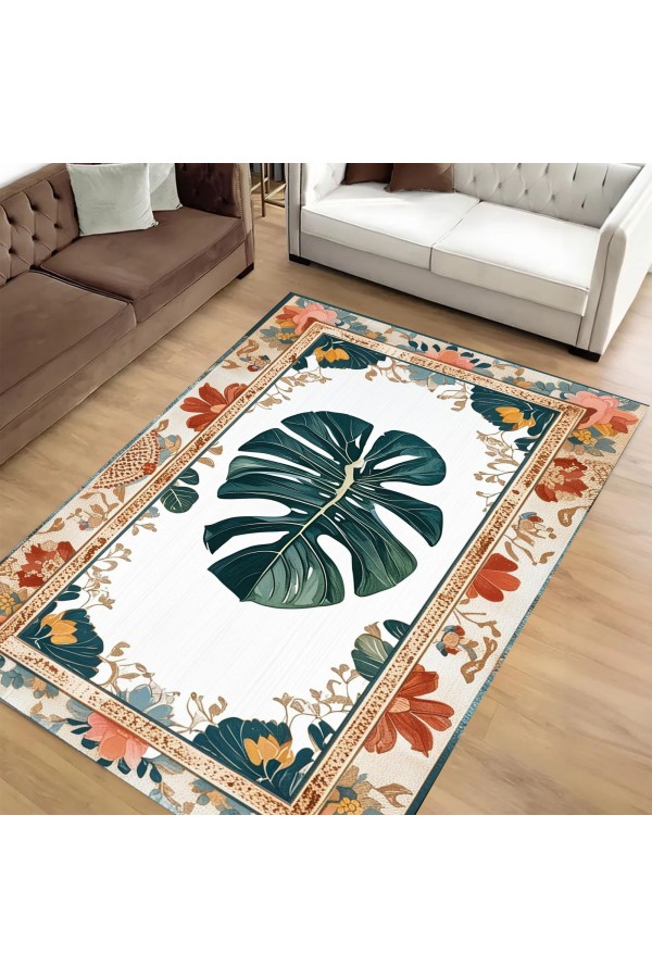Deve Tabanı Yaprak Desenli Dokuma Şönil Kilim Halı Yıkanabilir Salon Oturma Odası Mutfak Halısı