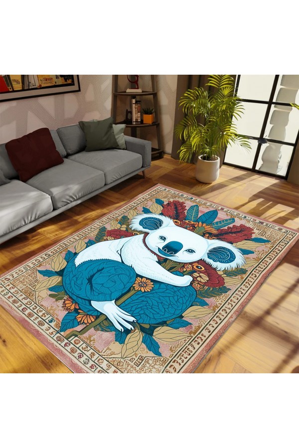 Retro Koala Desenli Dokuma Şönil Kilim Halı Yıkanabilir Salon Oturma Odası Mutfak Halısı