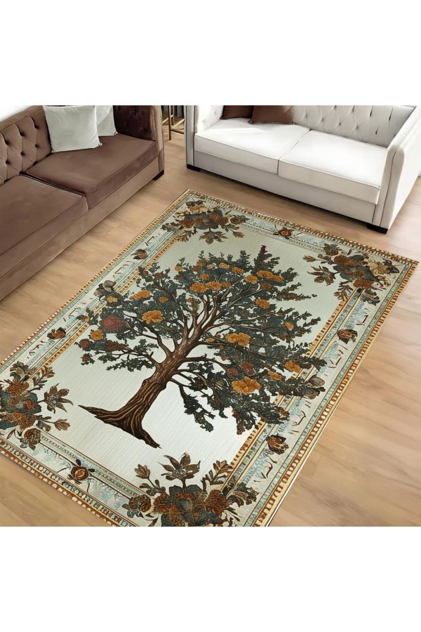 Retro Ağaç Desenli Dokuma Şönil Kilim Halı Yıkanabilir Salon Oturma Odası Mutfak Halısı