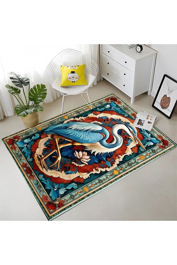 Mavi Leylek Desenli Dokuma Şönil Kilim Halı Yıkanabilir Salon Oturma Odası Mutfak Halısı