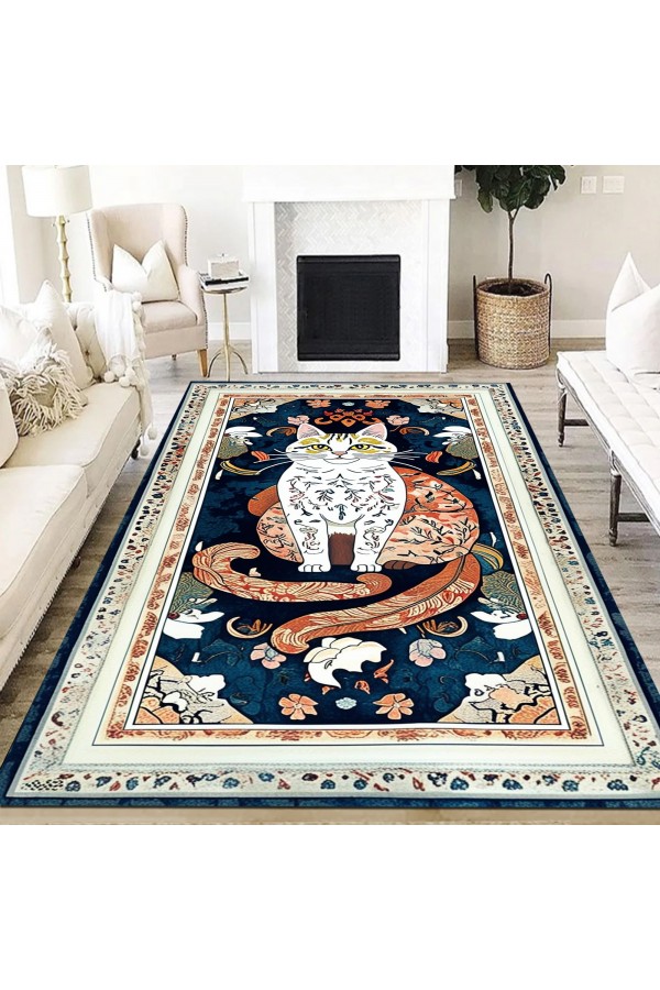 Mistik Kedi Desenli Dokuma Şönil Kilim Halı Yıkanabilir Salon Oturma Odası Mutfak Halısı