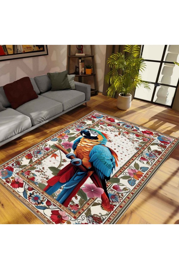 Renkli Papağan Desenli Dokuma Şönil Kilim Halı Yıkanabilir Salon Oturma Odası Mutfak Halısı