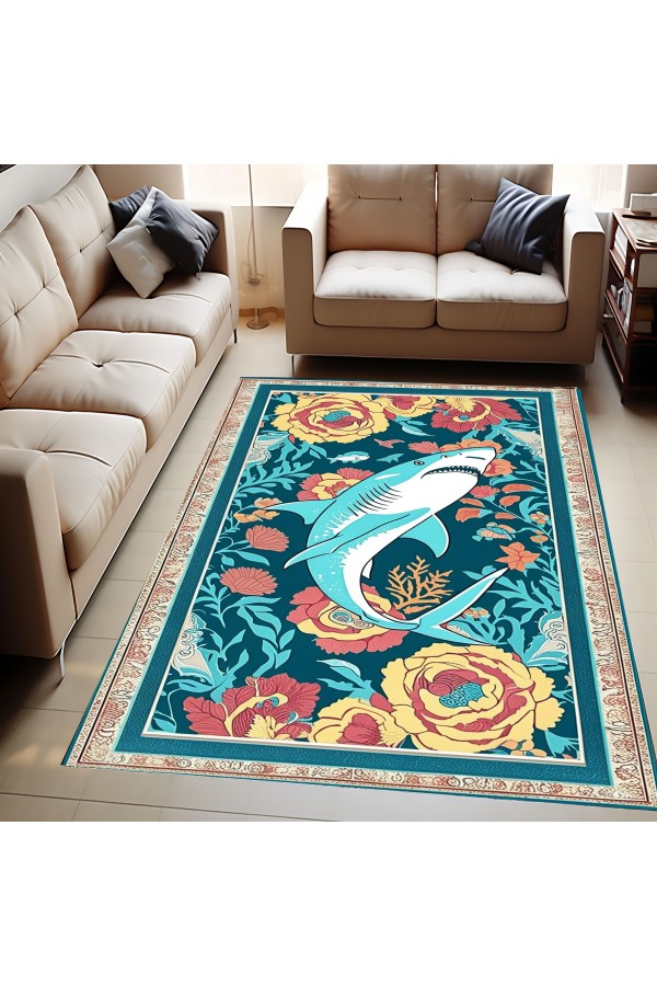 Köpek Balığı Retro Desenli Dokuma Şönil Kilim Halı Yıkanabilir Salon Oturma Odası Mutfak Halısı