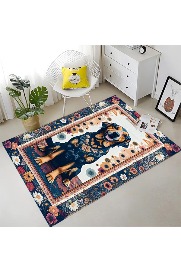 Renkli Köpek Desenli Dokuma Şönil Kilim Halı Yıkanabilir Salon Oturma Odası Mutfak Halısı