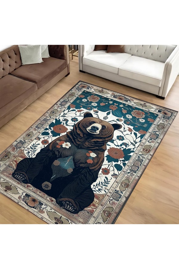 Ayı Avcı Temalı Desenli Dokuma Şönil Kilim Halı Yıkanabilir Salon Oturma Odası Mutfak Halısı