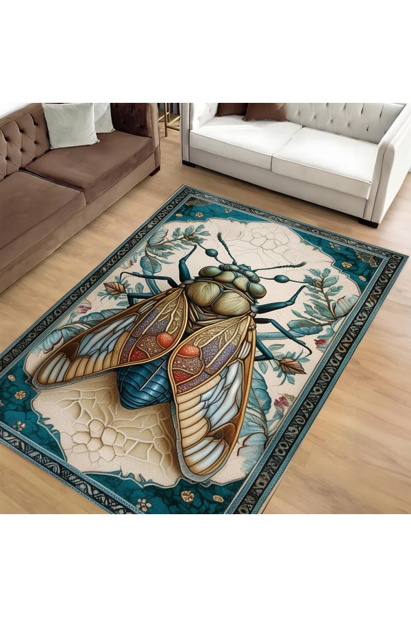 Ağustos Böceği Desenli Dokuma Şönil Kilim Halı Yıkanabilir Salon Oturma Odası Mutfak Halısı
