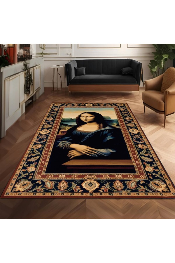 Monalisa Tablo Desenli Dokuma Şönil Kilim Halı Yıkanabilir Salon Oturma Odası Mutfak Halısı