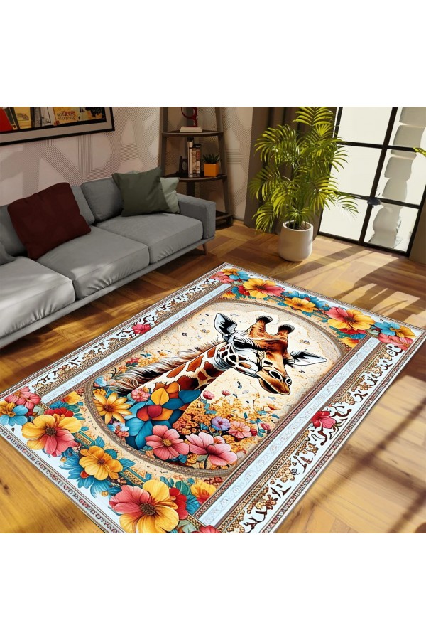 Zürafa Çiçek Desenli Dokuma Şönil Kilim Halı Yıkanabilir Salon Oturma Odası Mutfak Halısı