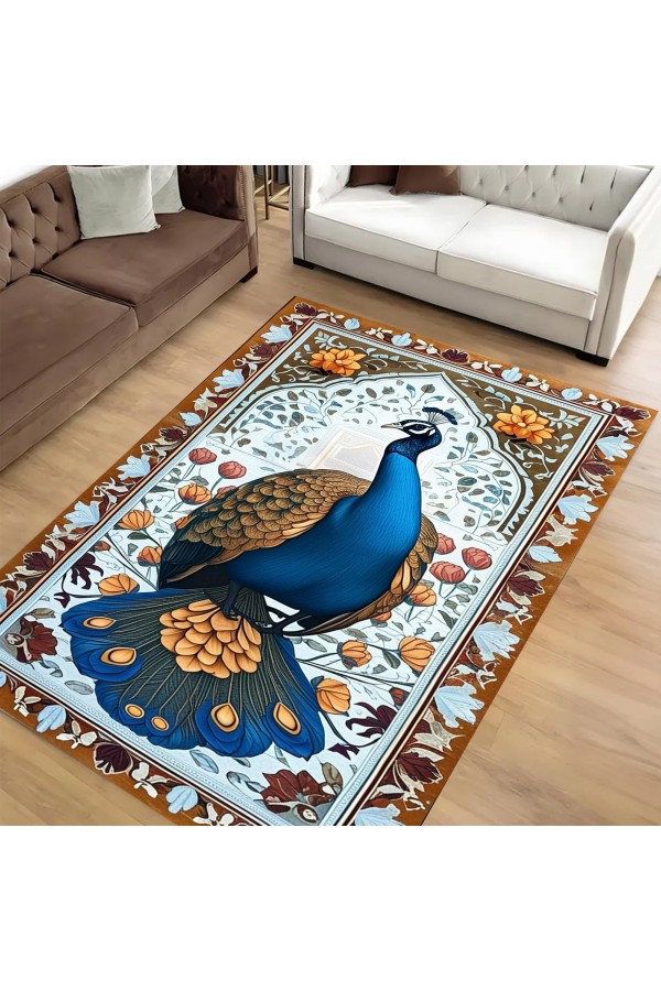 Tavus Kuşu Desenli Dokuma Şönil Kilim Halı Yıkanabilir Salon Oturma Odası Mutfak Halısı