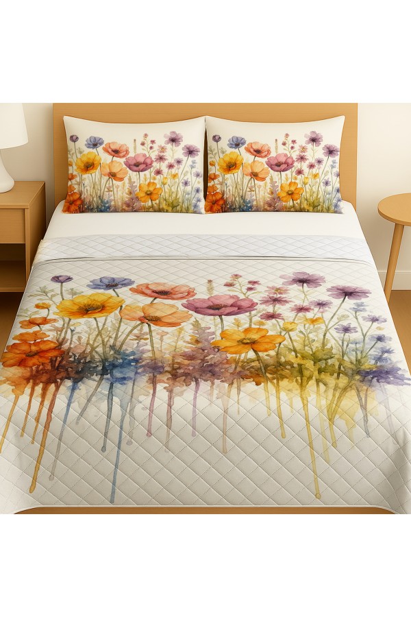 Suluboya Çiçekler Desenli Çift Kişilik Pike Takımı Yatak Örtüsü Suluboya Çiçekler Desenli Çift Kişilik Pike Takımı Yatak Örtüsü