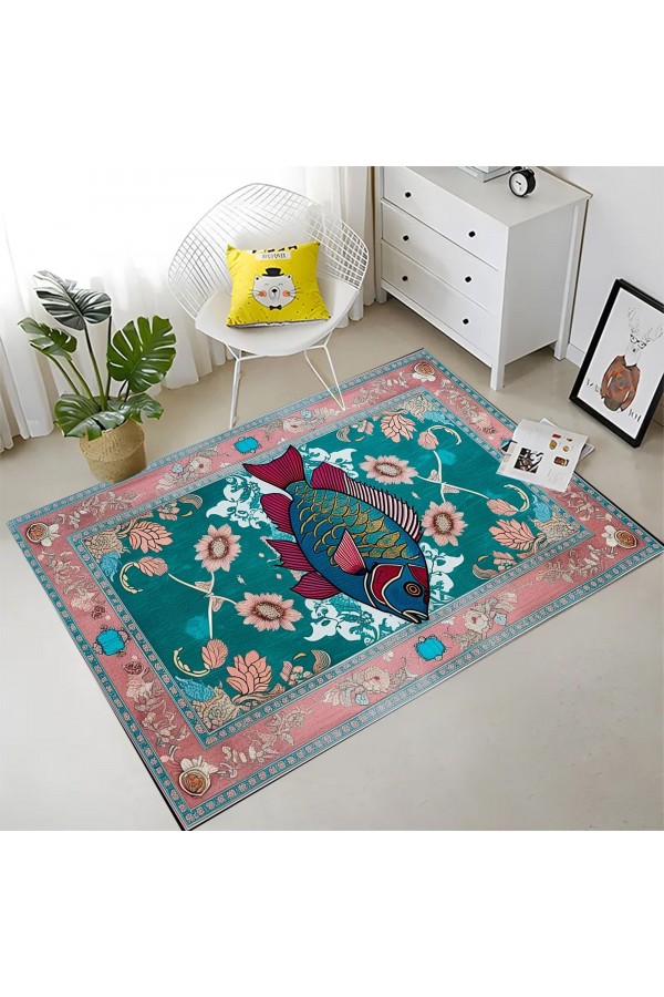 Retro Balık Desenli Dokuma Şönil Kilim Halı Yıkanabilir Salon Oturma Odası Mutfak Halısı
