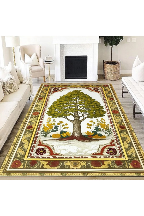 Ağaç Desenli Dokuma Şönil Kilim Halı Yıkanabilir Salon Oturma Odası Mutfak Halısı