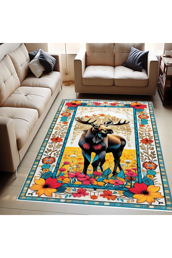Retro Geyik Desenli Dokuma Şönil Kilim Halı Yıkanabilir Salon Oturma Odası Mutfak Halısı