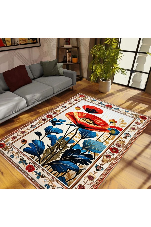 Gelincik Desenli Dokuma Şönil Kilim Halı Yıkanabilir Salon Oturma Odası Mutfak Halısı