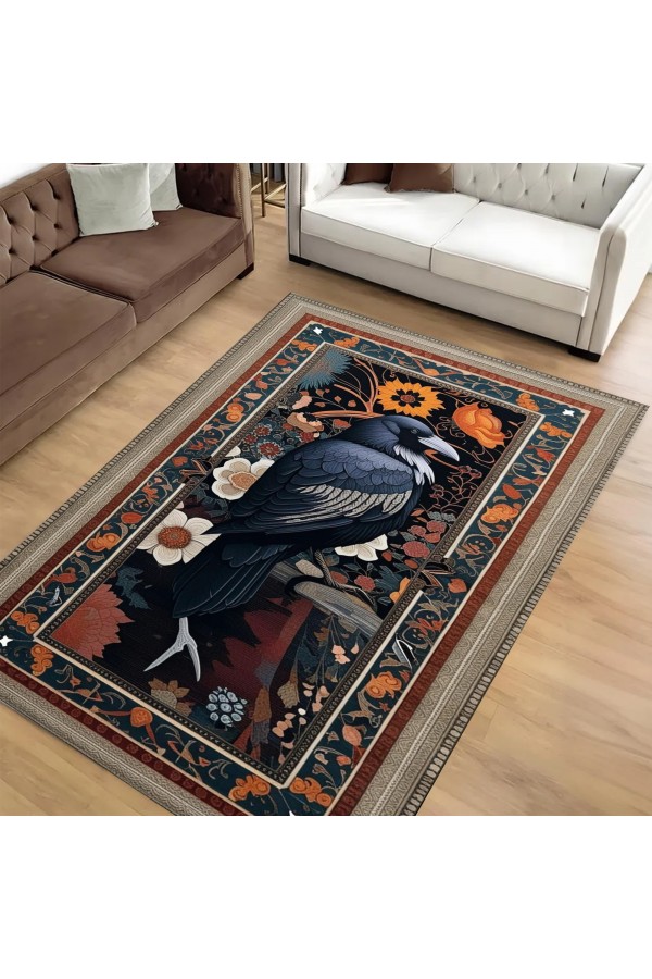 Gotik Kuzgun Karga Desenli Dokuma Şönil Kilim Halı Yıkanabilir Salon Oturma Odası Mutfak Halısı