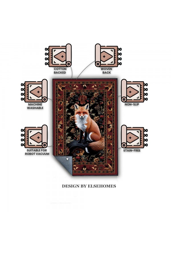 Tilki Hayvan Desenli Dokuma Şönil Kilim Halı Yıkanabilir Salon Oturma Odası Mutfak Halısı