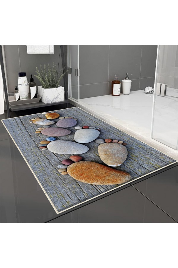 Gri Ayak Taşlı Desenli Tekli Banyo Paspas Halısı Kaymaz Yıkanabilir
