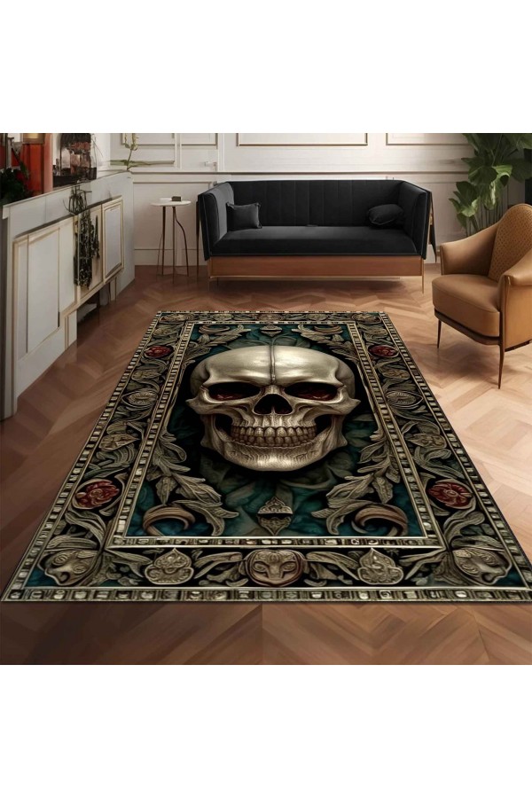 Gotik Kuru Kafa Desenli Dokuma Şönil Kilim Halı Yıkanabilir Salon Oturma Odası Mutfak Halısı