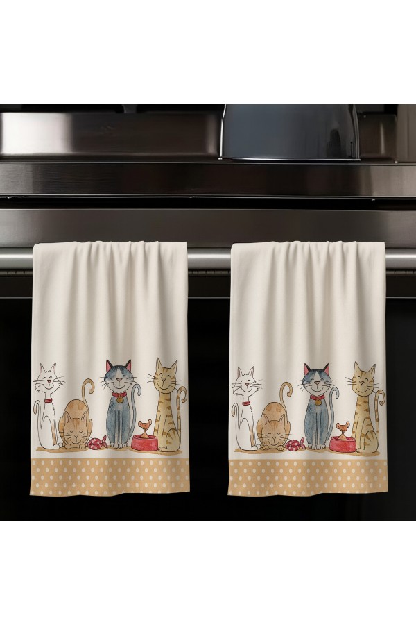 Sevimli Kediler Desenli 2 li Set Dekoratif Yıkanabilir Pamuklu Mutfak Fırın El Havlusu 35x50 cm