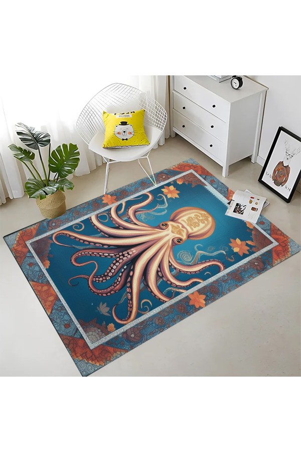 Ahtapot Marin Denizci Desenli Dokuma Şönil Kilim Halı Yıkanabilir Salon Oturma Odası Mutfak Halısı
