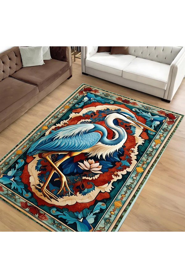 Mavi Leylek Desenli Dokuma Şönil Kilim Halı Yıkanabilir Salon Oturma Odası Mutfak Halısı
