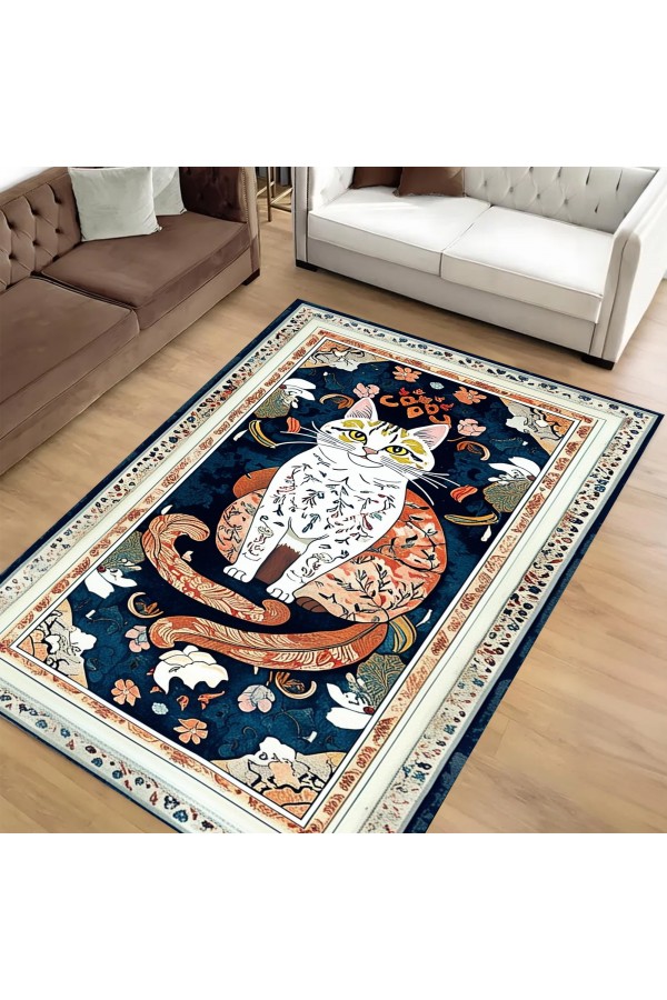 Mistik Kedi Desenli Dokuma Şönil Kilim Halı Yıkanabilir Salon Oturma Odası Mutfak Halısı
