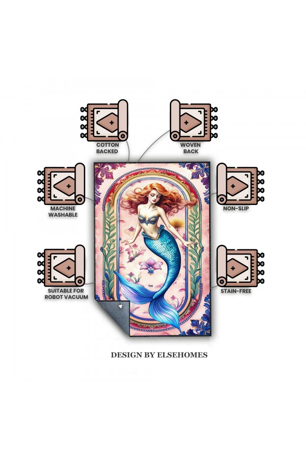 Deniz Kızı Desenli Dokuma Şönil Kilim Halı Yıkanabilir Salon Oturma Odası Çocuk Halısı